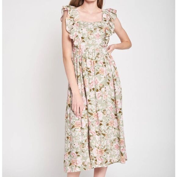 En saison maris floral A-Line Cotton Blend Cutout dress in Sage Large MSRP $112 - Picture 1 of 9